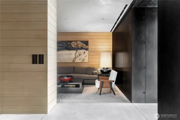 Flex space currently configured as a family room-TV area. Architectural renderings available to show additional uses.