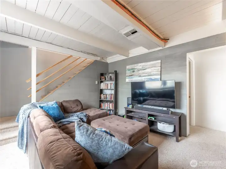 Cozy basement living area with abundant natural light.
