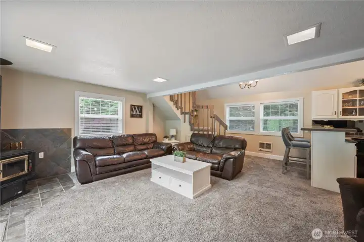 Family room with wet bar, wood stove Family room with wet bar, wood stove