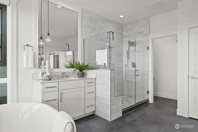 Luxurious shower and second sink area + vanity area.