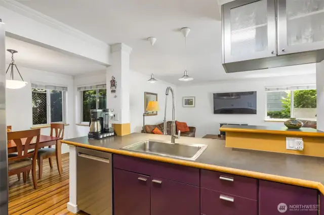 View from the kitchen of living and dining