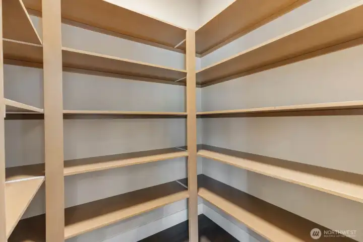Spacious Walk-In Pantry with built in shelving and frosted glass door