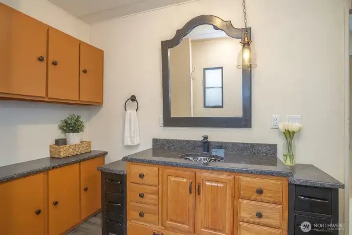 Primary ensuite showcasing the stunning sink and cabinets.