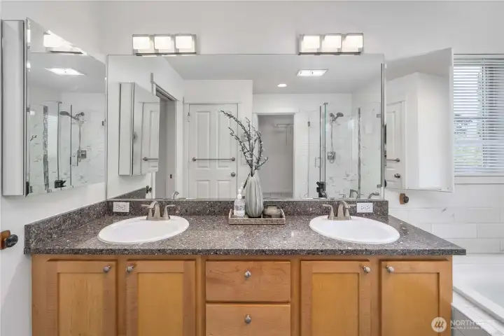 Updated primary bath with dual vanity sinks