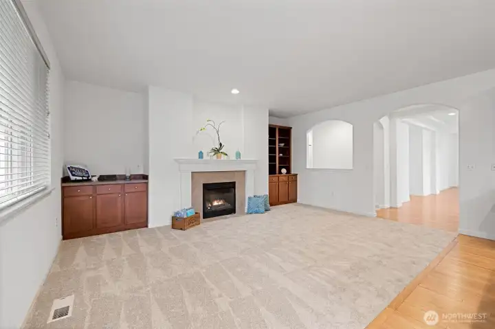 Great Room with gas fireplace and built ins