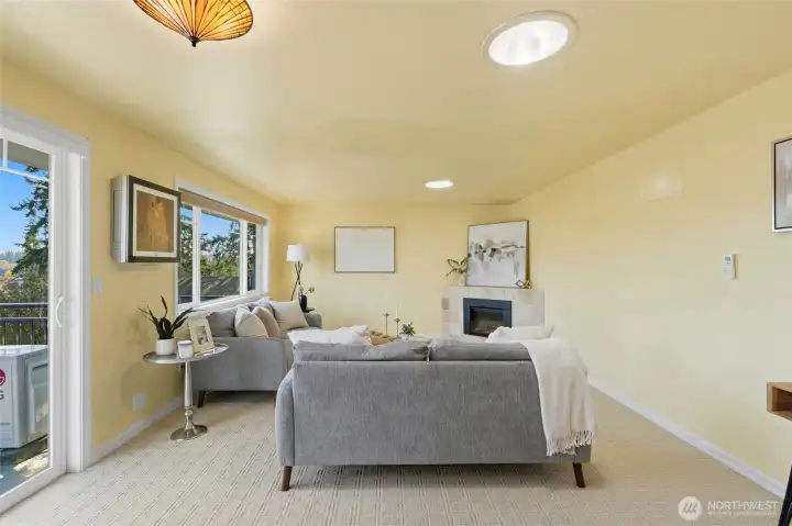 Cozy living area with an electric fireplace and great views