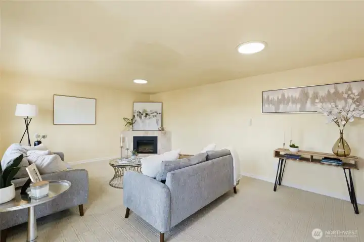 Cozy living area with an electric fireplace and great views