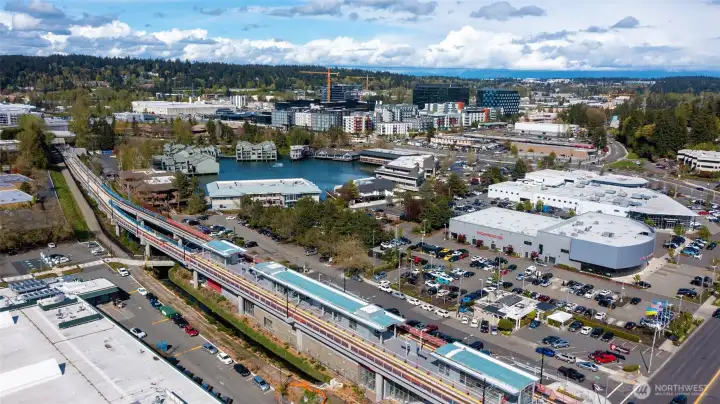 looking North over Wilburton Lake Bellevue Link light rail station, urban Lake Bellevue in the center,  Condos are on the north end of the lake.  Spring District across the street north of the lake in photo.  Awesome close in location awaits you