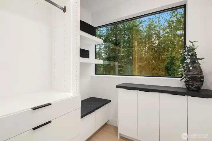 Walk-in closet with built-ins and cabinet lighting