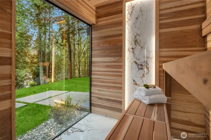 Stunning Sauna with lighting and porcelain tile accents