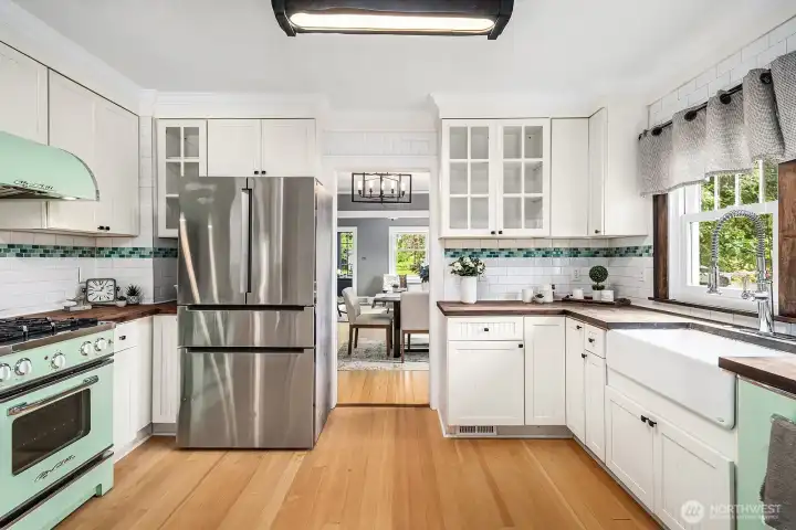 Kitchen with new fridge.