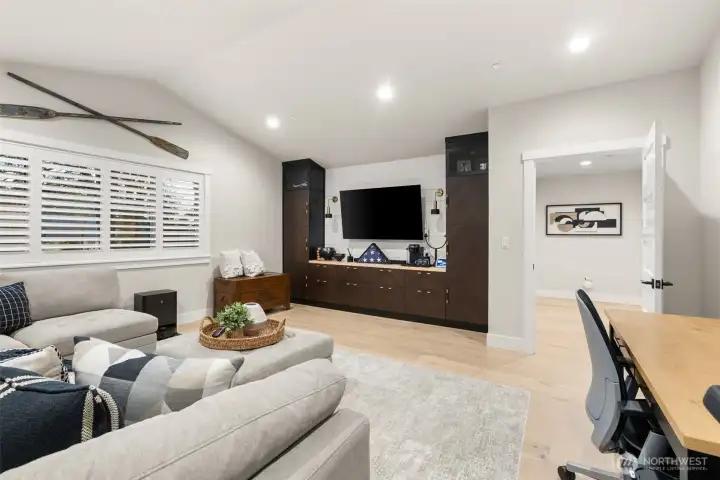 The bonus room has a built-in media center.