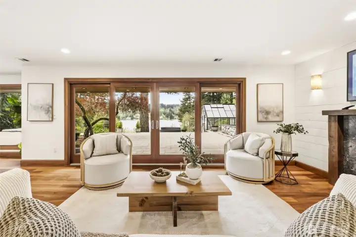 Sliding glass door leads out to the paved brick outdoor patio.