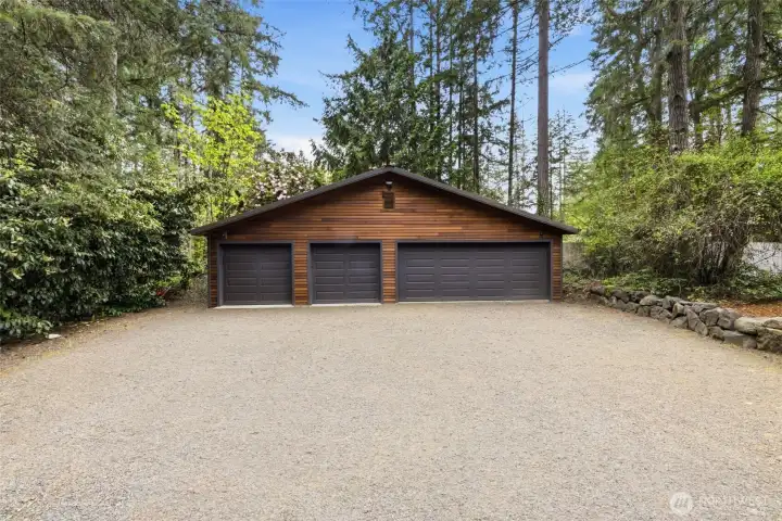 Exterior of the heated 4-car garage.