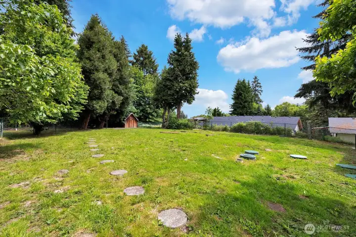 Expansive side yard with storage