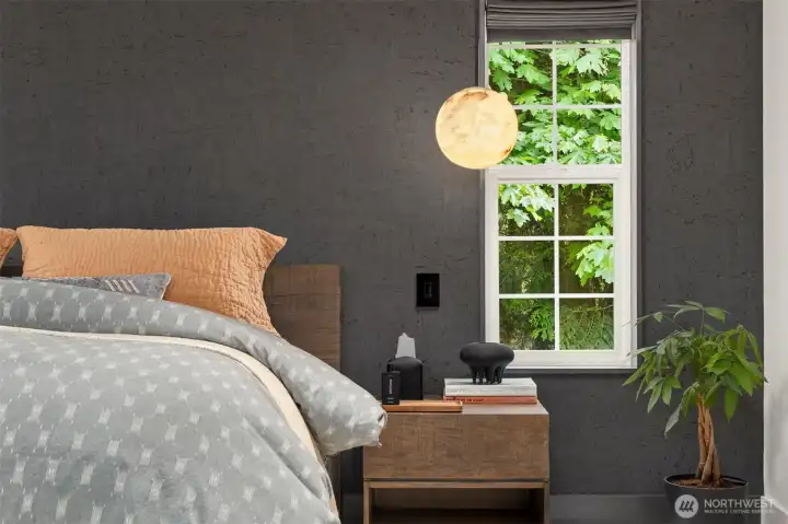 One of the coolest wall treatments ever along with two of the coolest light fixtures of the year, too!
