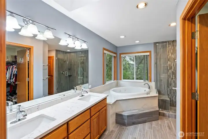 Primary Bathroom with updated quartz countertops Primary Bathroom with updated quartz countertops
