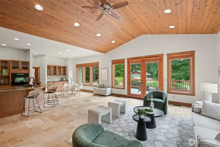 Gorgeous stone tile floors throughout home are pet friendly andeasy maintenance