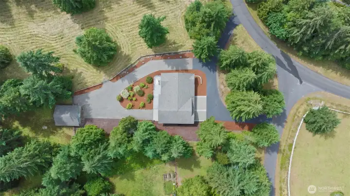 Aerial view directly over home and barn