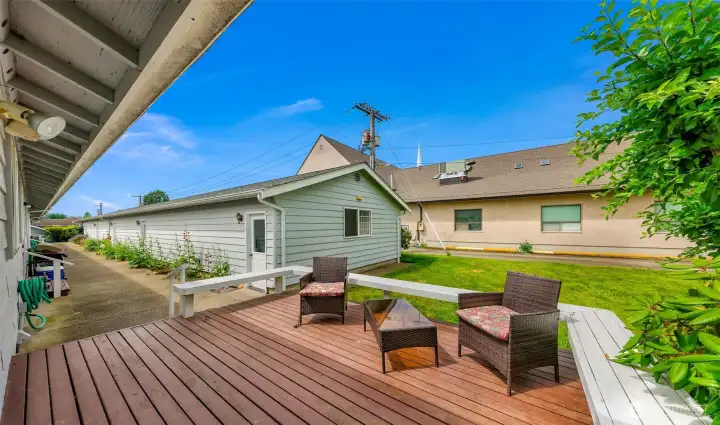 Private deck and backyard-this is the only unit that enjoys this bonus in the complex.  The bonus room is attached to the garage through the door on your left