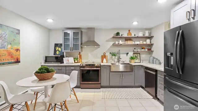 The updated kitchen seamlessly connects to a roomy dining area.