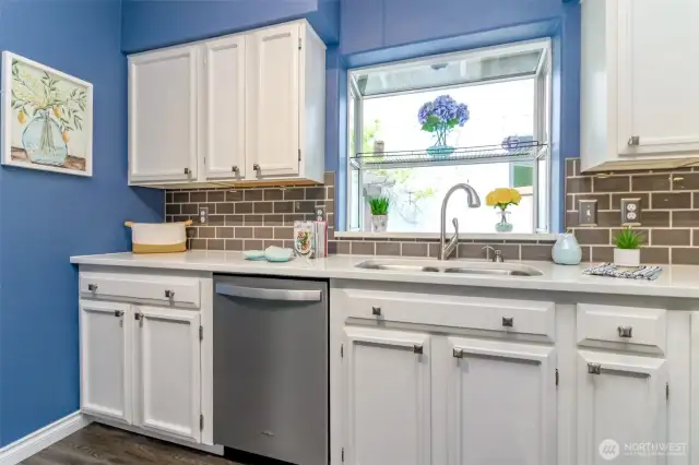 A closer view showcasing the custom gray subway tile.