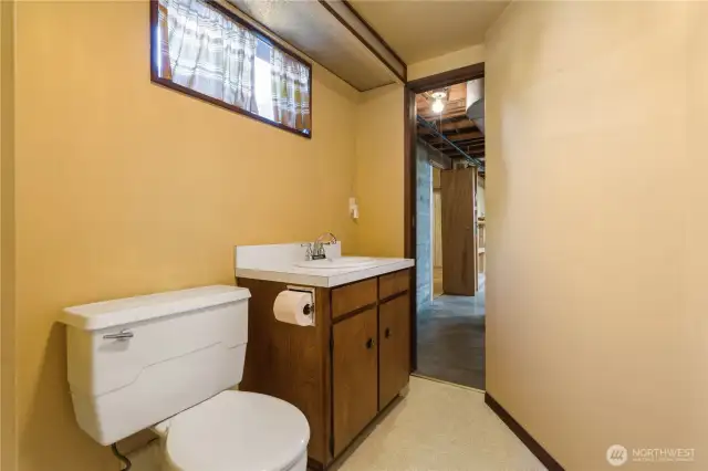 Lower level bathroom with 2 entry doors.