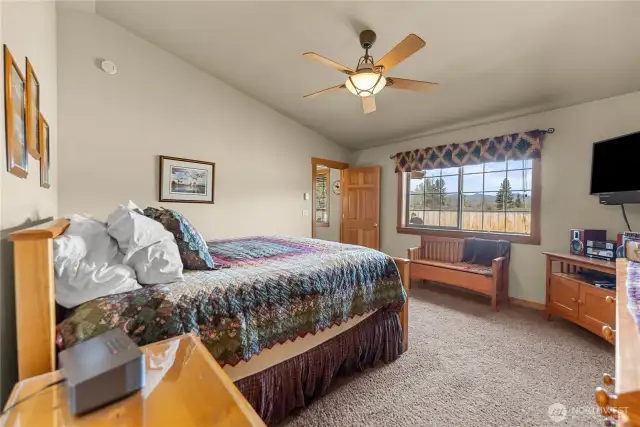 Primary bedroom with views to the backyard and beyond.