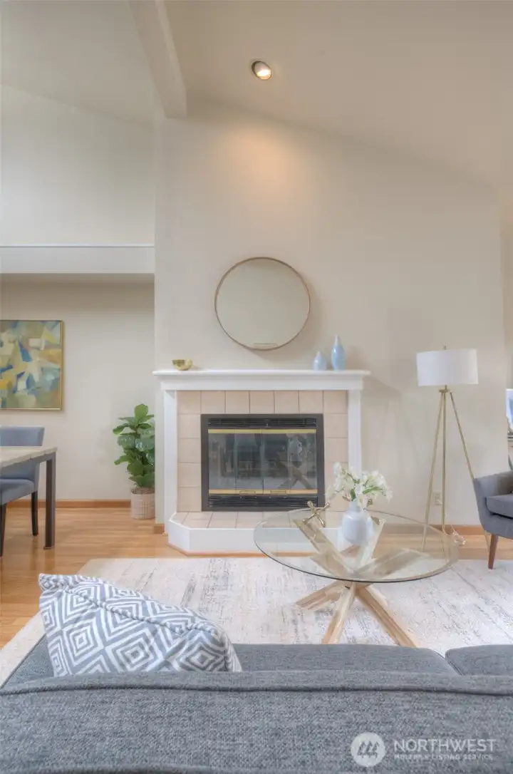 Wood burning fireplace centers the Great Room