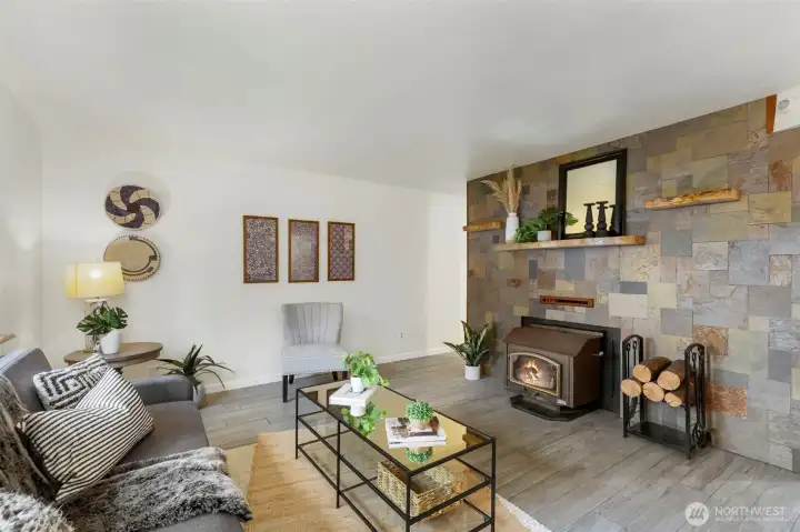 Beautiful Slate surround for your cozy woodstove.