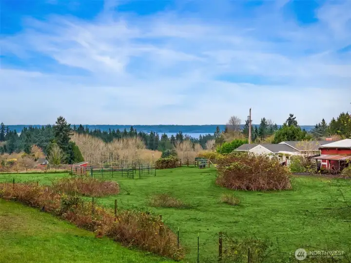 The 6 acre parcel provides an open meadow with views of the Cascades and Sound in the distance.