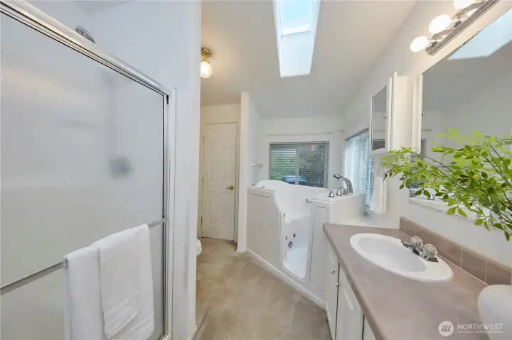 A relaxing primary bathroom oasis featuring a separate glass-enclosed shower, a generous vanity, a bright skylight letting in beautiful natural light, and a premium step-in tub.