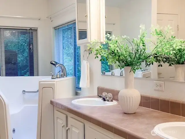 The spacious primary bathroom vanity features double sinks and ample storage, situated next to an accessible step-in bath/shower combo designed for ease and convenience.