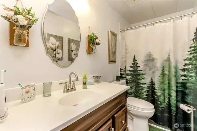 This is the fully remodeled hall bathroom