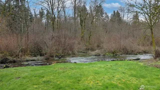 Spacious yard backing to the peaceful Jenkins Creek providing wildlife enjoyment and serene surroundings.