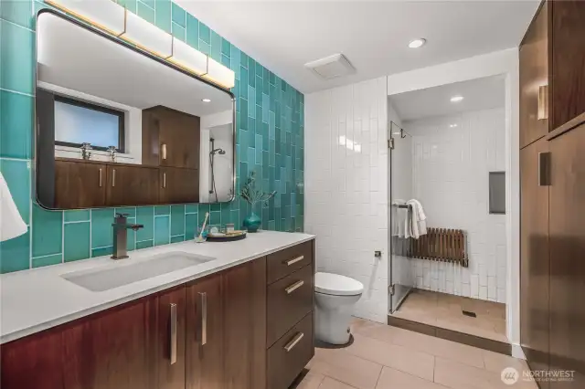 Electric heated floors and lots of great storage.