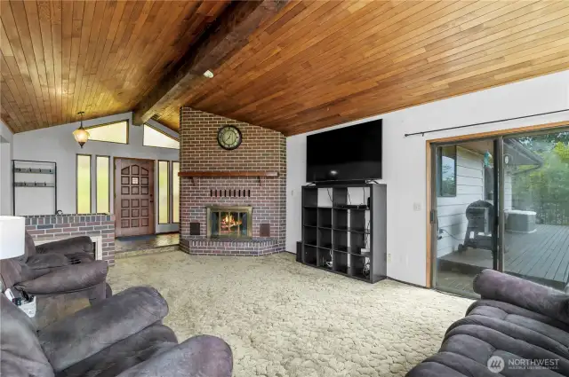 Cozy woodburning fireplace.
