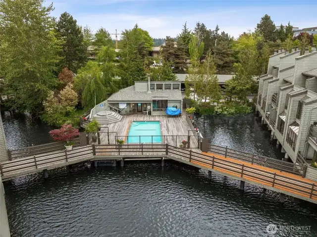 Outdoor pool is connected to all the buildings by walkways.