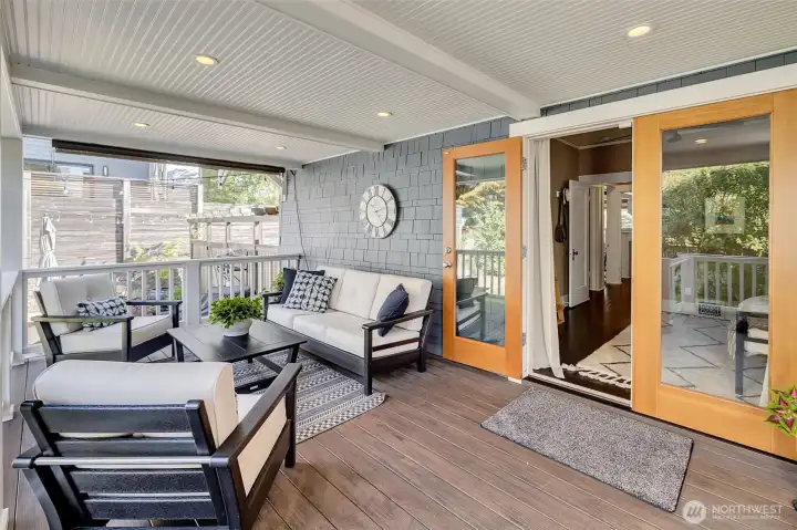 This is an amazing spot to sit while sipping coffee- to begin your day, or another great area for entertaining. The covered patio off the main level has dimmable lighting, beadboard ceilings, composite decking, and an inviting vibe even if it rains! There is even gas piped in for the BBQ.
