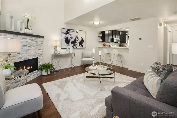 Open family room with vaulted ceilings.