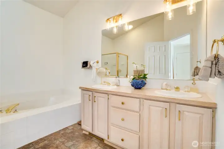 Private bath with soaking tub.