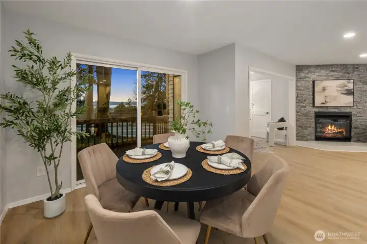 Ample space in the dining room or on your private porch for meals with a view