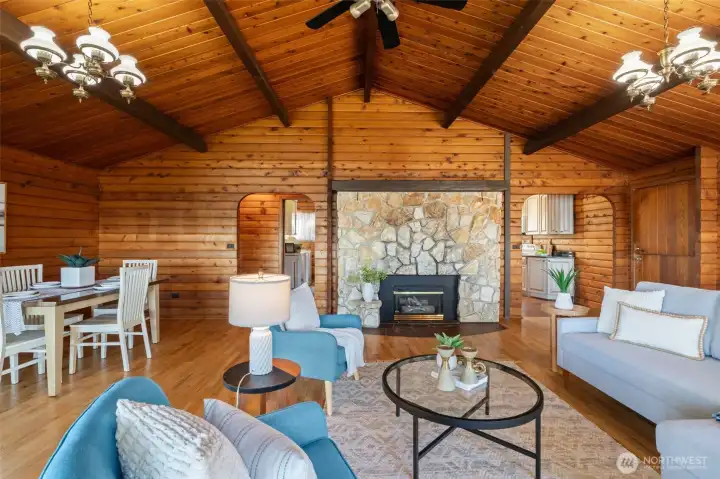 There’s something so grounding about this massive stone fireplace... it brings warmth, character, and the kind of cozy atmosphere that makes you want to settle in and stay awhile.