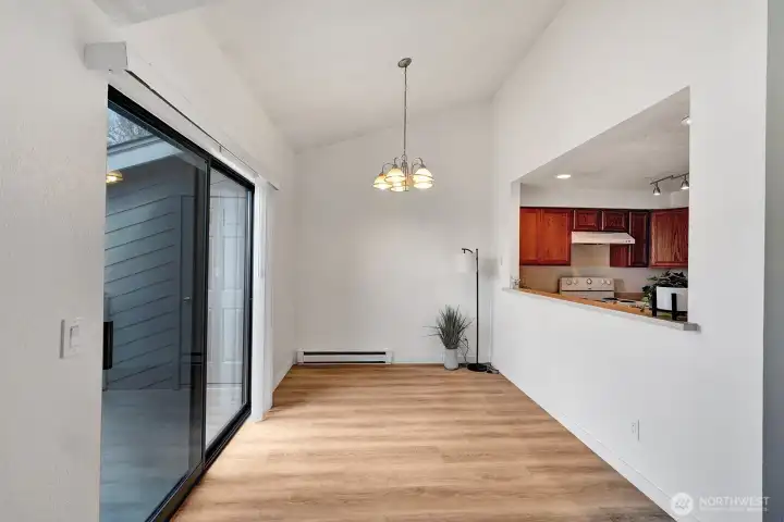 Dining area with sliding doors to the deck