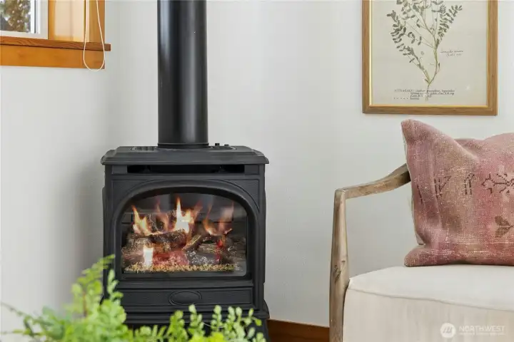 The propane stove is perfect for cozy winter evenings!