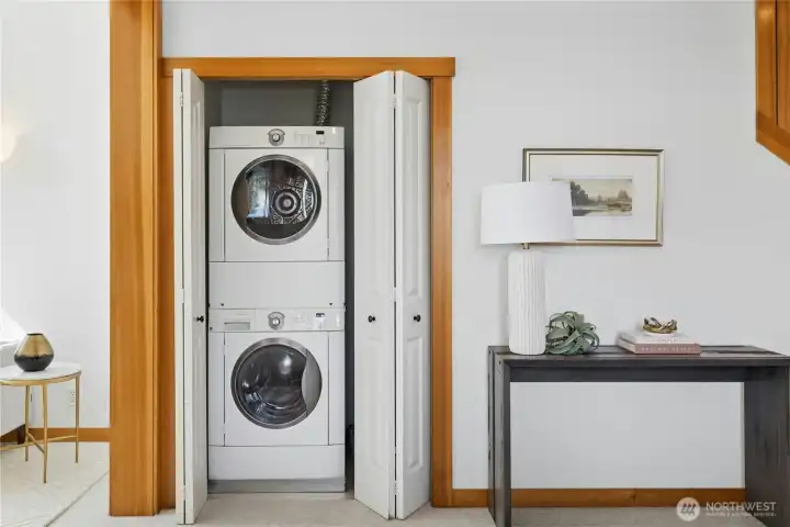 Stacked full-size washer and dryer.