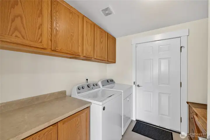 Laundry room with ample storage space is conveniently located on the main level, with direct access to the carport. Laundry room with ample storage space is conveniently located on the main level, with direct access to the carport.
