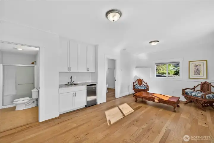 Lower level features gorgeous LVP flooring, a spacious bathroom, wet bar with mini fridge and ample space for a living area or flex space. Lower level features gorgeous LVP flooring, a spacious bathroom, wet bar with mini fridge and ample space for a living area or flex space.