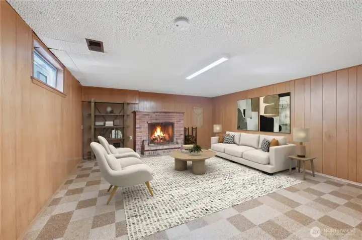 Virtually staged lower level family room with fireplace.