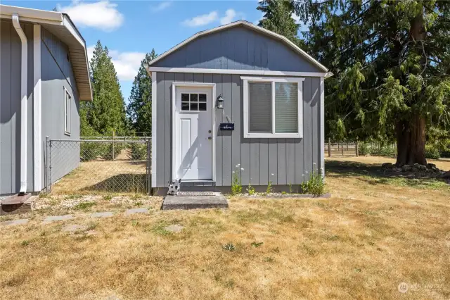 This completely finished shed is perfect for a home office